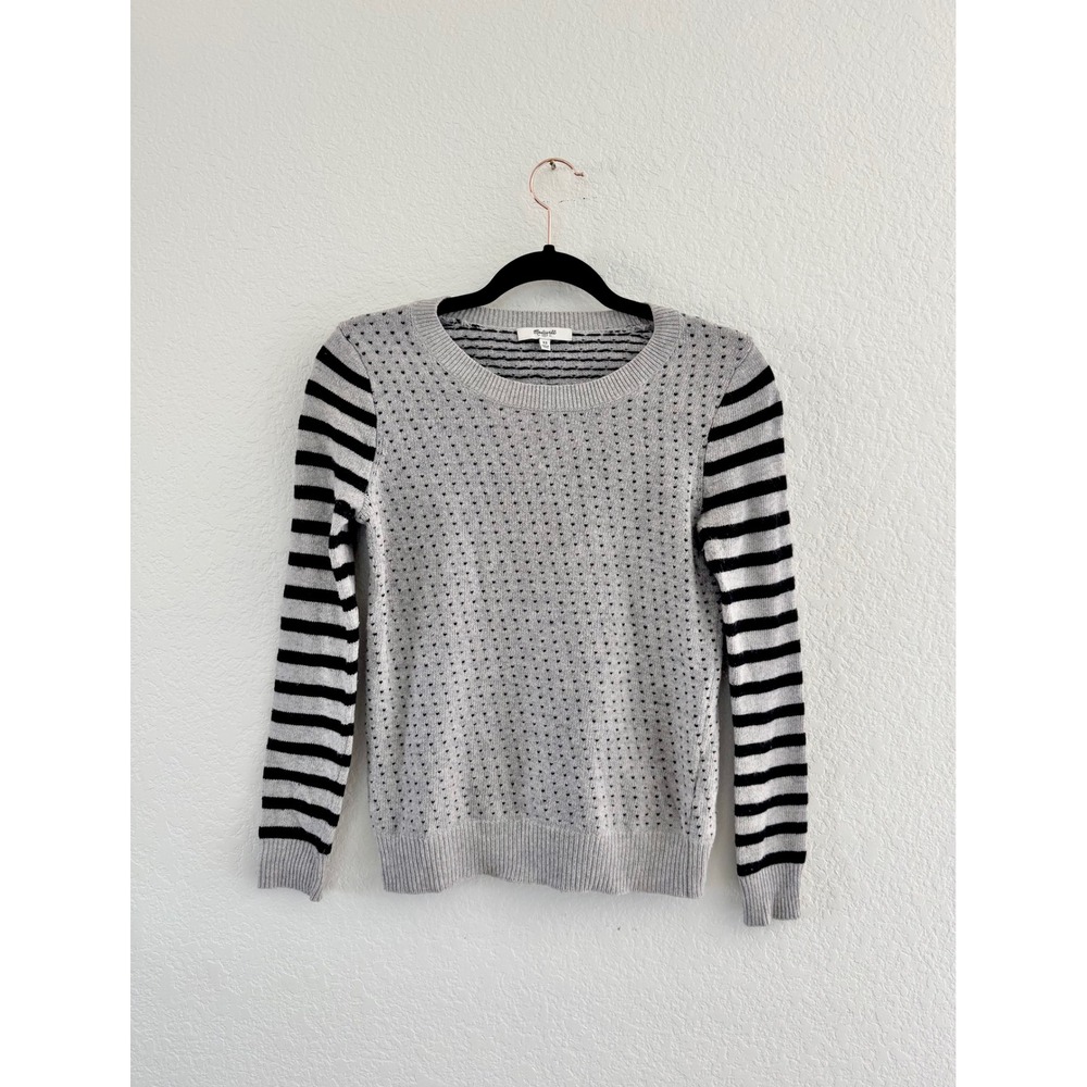 Madewell Womens XS Grey Black Striped Dot Crewneck Knit Sweater‎ Long Slv